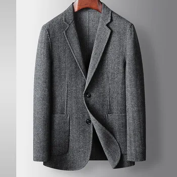Мужские Свободные Теплые деловые Повседневные блейзеры, пальто, Модная простота, шерстяная куртка на двух пуговицах, 2023, осенне-зимний джентльменский костюм, пальто