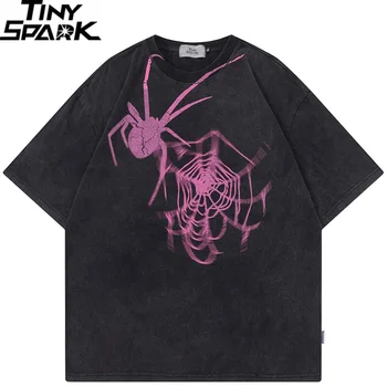 Мужская футболка в стиле Хип-Хоп с Надписью Lightning Cracked Spider Web, Графическая Футболка Harajuku 2023, Хлопковые Топы, Футболки Оверсайз, Черный