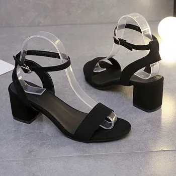 Новые летние Модные Женские босоножки на высоком каблуке черного цвета из флока с цветочным рисунком, женские туфли-лодочки с открытым носком и ремешком на щиколотке, туфли на платформе 34-40.