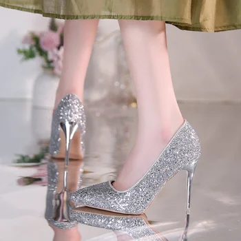 2023 Женские Роскошные дизайнерские туфли-лодочки на высоком каблуке с блестками, большие размеры 45, Свадебные Золотые туфли Valentine Scarpins