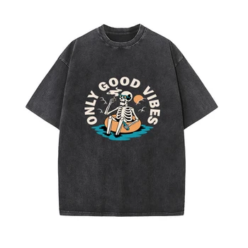 Футболка Harajuku Chainsaw Man, мужские футболки в стиле хип-хоп, винтажные, выстиранные, аниме, Футболки Only Good Vibes, футболка с черепом, Женская уличная футболка
