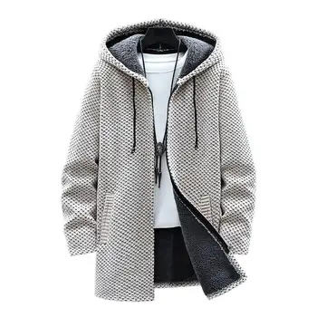 Модная мужская куртка средней длины на молнии, вязаная куртка С длинным рукавом, мужской свитер с капюшоном, уличная одежда