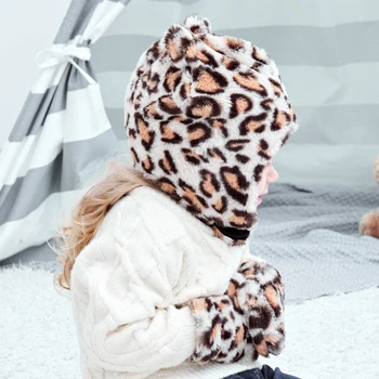 Зимняя теплая детская шапка-ушанка с леопардовым рисунком, комплект перчаток, ушанка, варежки для маленьких девочек и мальчиков