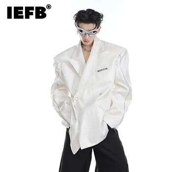 Приталенный мужской костюм с наплечником IEFB, осенние новые блейзеры с длинными рукавами, нишевый дизайн, жидкая куртка, трендовое пальто на металлической молнии 9C330