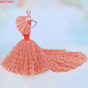 Оранжевое платье с блестками ручной работы в виде рыбьего хвоста для куклы Барби, модная одежда, вечернее платье-русалка, аксессуары для кукол 1: 6, Подарки для детей