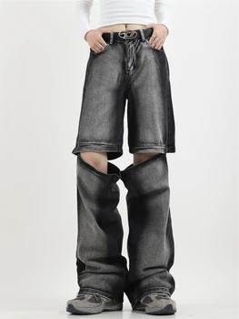 Женские широкие джинсы со съемной застежкой-молнией, повседневные брюки в уличном нейтральном стиле, прямые винтажные джинсовые брюки с высокой талией