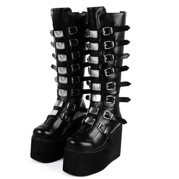 Фирменный дизайн, Женские ботинки на танкетке и высоком каблуке, модные черные сапоги на платформе в готическом стиле для женщин, обувь для косплея, Женская осень