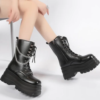 Новая женская обувь на платформе, мода 2023 года, большие размеры, ботильоны с квадратным носком и металлической цепочкой на молнии для женщин, зимняя обувь на массивном каблуке