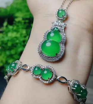 Комплект ювелирных изделий из натурального зеленого нефрита Для женщин, ожерелье и браслет из натурального мьянманского жадеита в виде тыквы, роскошные наборы ювелирных изделий Jades