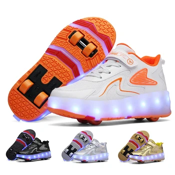 Кроссовки Skate LED Обувь Для Детей Мальчики Девочки Дети Загораются Спортивные Светящиеся Четыре Колеса Роликовые Светящиеся USB Зарядка Мигающий