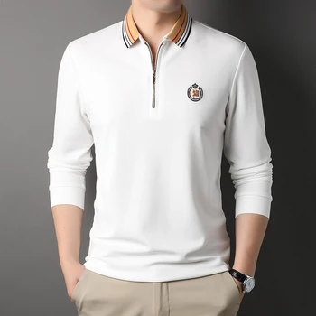 MLSHP, весенне-осенние мужские рубашки поло для гольфа на молнии, роскошная вышивка, Деловые повседневные однотонные мужские футболки с длинным рукавом