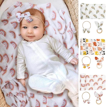 Комплект из 3 предметов для пеленания новорожденных + Повязка на голову + прорезыватель для зубов, детское одеяло, повязка на голову, деревянное кольцо-пустышка для младенцев