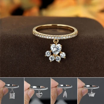 Кольца-подвески для женщин Серебристого цвета со стразами, Корона, подвески в виде сердца в виде снежинки, Обручальное кольцо, Свадебные украшения, подарки