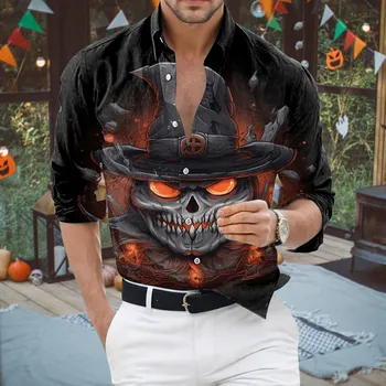 Мужская рубашка с принтом в виде Тыквенной головы на Хэллоуин, Весна-осень, повседневная вечеринка на пуговицах.