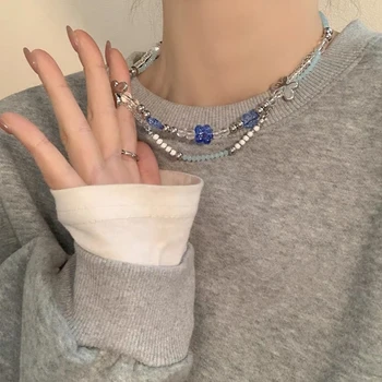 Колье-чокер из голубого хрусталя, двухслойное ожерелье-цепочка на ключицу, стальные украшения для женщин и девочек