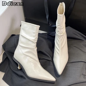 Современные ботильоны для новых коротких дам, Женская обувь на высоком каблуке с острым носком, модные женские туфли-лодочки 2023 года, Эластичные пинетки