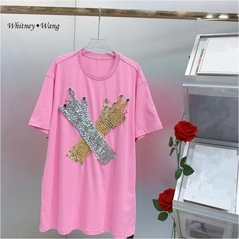 Дизайнерский стиль WHITNEY WANG 2023, летняя уличная мода, футболка с блестками, расшитая бисером, женские футболки, топы для леди