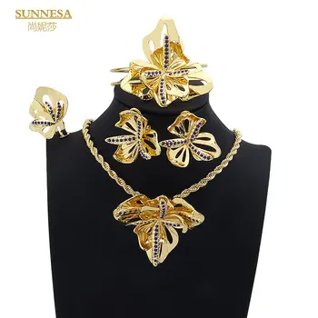 SUNNESA Большой кулон Роскошный цветок Африканский ювелирный набор для женщин Свадебное ожерелье из 18-каратного золота Серьги Браслет с цирконием Кольцо