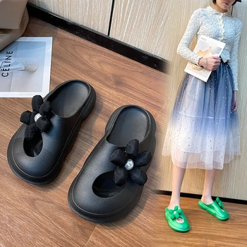 Популярная женская обувь с дырочками 2023, Летние Тапочки Baotou с полым жемчугом на толстой подошве, черные, зеленые и белые