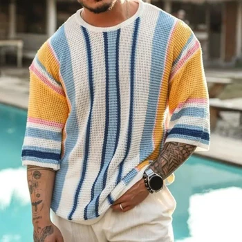 Вязаный свитер в полоску, пуловер, мужские топы, модная футболка с круглым вырезом и коротким рукавом, летние свободные жаккардовые топы для отпуска