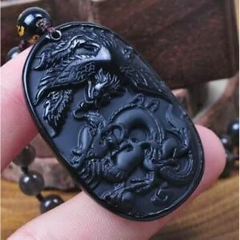 Ожерелье-амулет с драконом фениксом из натурального обсидиана с регулируемой цепочкой