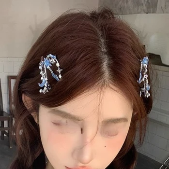 Y2k Harajuku Аксессуары для волос для женщин Sweet Cool Горный хрусталь Звезда Пентаграмма Крест Луна Заколка для волос Для девочек Цветочные заколки для волос Подарки