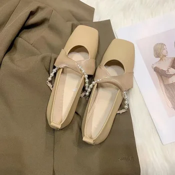 Французская винтажная обувь Mary Jane с жемчугом 2023, летняя новинка, простая повседневная удобная женская обувь с мелким носком на плоской подошве