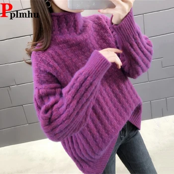 Корейский шикарный Элегантный пуловер с длинным рукавом, осенне-зимний Женский свитер с искусственным вырезом, толстые теплые Свободные повседневные вязаные топы