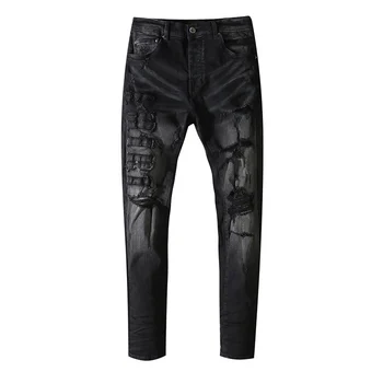 Мужской черный хлопчатобумажный суперэластичный деним, потертые обтягивающие джинсы Trasher, рваные облегающие брюки, потертые брюки с дырками