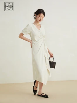 Женское платье неправильной формы в женственном стиле ZIQIAO, летний нишевый дизайн, Белое темпераментное высококачественное женское длинное платье с V-образным вырезом