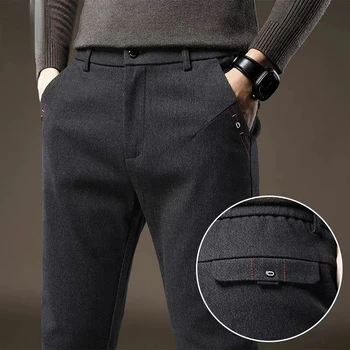 Весенне-осенние брюки из высококачественной эластичной ткани с матовой отделкой, мужские брюки с толстой эластичной резинкой на талии, хлопковые тонкие деловые, черные, синие повседневные брюки