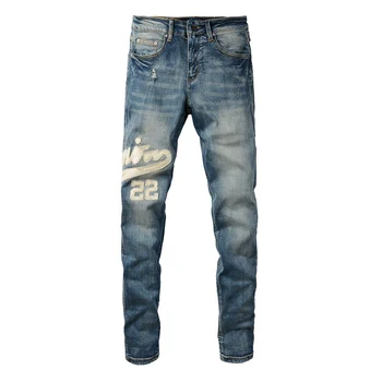Бестселлер, высококачественная брендовая мужская светло-голубая уличная одежда, джинсы Slim Fit, Кожаные нашивки с вышитыми буквами, стрейчевые джинсы