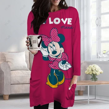 Новое женское платье с коротким рукавом и принтом Disney Minnie Mickey Mouse большого размера, круглый вырез, короткий длинный рукав, свободный Тонкий топ для пригородных поездок.