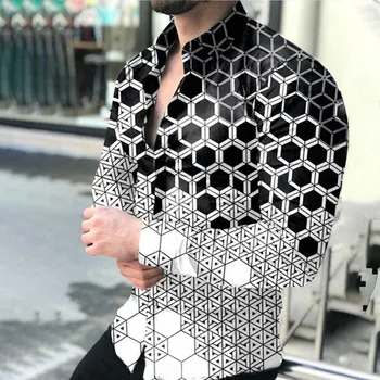 EWSFV 2021, Осенняя популярная мужская рубашка с длинными рукавами, топ большого размера, повседневная мужская тонкая рубашка с градиентным геометрическим рисунком