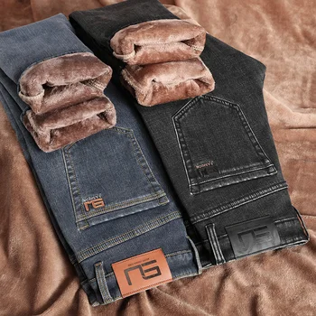 Зимние флисовые толстые мужские брендовые джинсы, повседневные теплые модные Прямые узкие брюки, мужские плюшевые стрейчевые джинсовые брюки