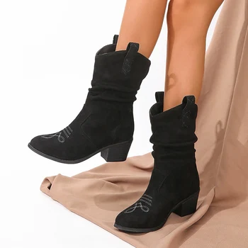 Женские ботильоны в западном стиле с вышивкой 2023, осенние плиссированные черные ковбойские сапоги, женские ботфорты на толстом каблуке из искусственной кожи 42 размера, большие ботинки на толстом каблуке