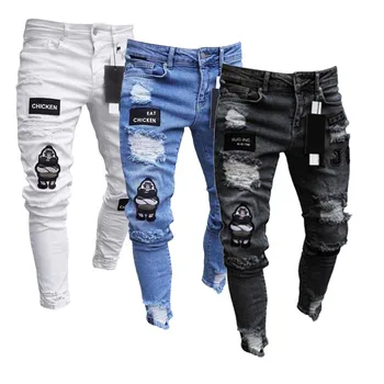 Y2K Белые Джинсы с вышивкой, мужские Эластичные Рваные Обтягивающие джинсы, Мужские Высококачественные джинсовые брюки в стиле хип-хоп с черной дырой, Облегающие джинсовые брюки оверсайз