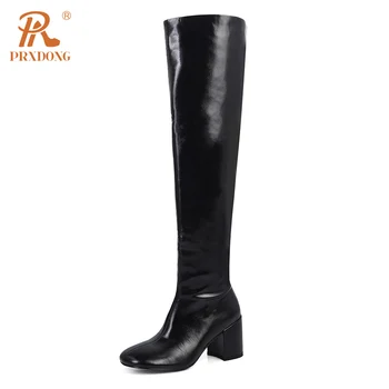 PRXDONG/ Новый бренд, осенне-зимние Теплые ботфорты выше колена, на высоком массивном каблуке, с круглым носком, Черно-бежевое платье, Повседневные эластичные ботинки 42 г.