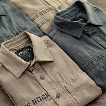 Мужская рубашка куртка в стиле милитари Ретро с утолщенным осеннезимним отложным воротником с длинными рукавами и карманами на пуговицах Повседневные топы Рубашки