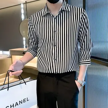 Летняя Мужская рубашка в полоску со средними рукавами, повседневная одежда в корейском стиле, приталенная, модная, на пуговицах, повседневная одежда для работы в офисе