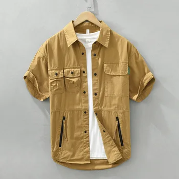 3722 Мужские рубашки-карго из 100% хлопка с множеством карманов, летняя мода, короткий рукав, однотонная простая базовая свободная повседневная блузка в стиле ретро