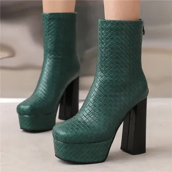 Smeeroon, Большие размеры 34-50, Новые женские ботинки на молнии из искусственной кожи, Пикантные женские зимние ботинки на платформе, Ботильоны на толстом высоком каблуке.