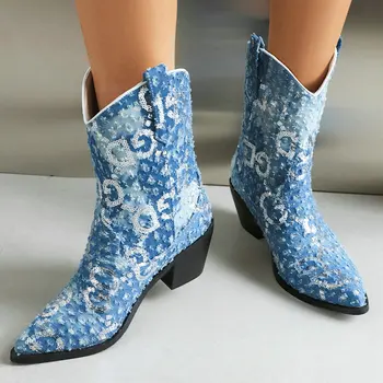 Джинсы из матового денима, синие женские туфли в западном стиле, зима-осень, туфли на высоком массивном каблуке с блестящими пайетками, ковбойские ботильоны