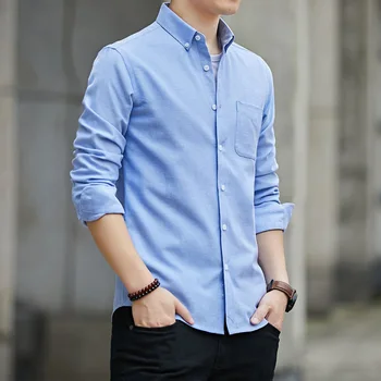 Новая мужская рубашка с длинным рукавом 2023 года, мужская повседневная рубашка из оксфордского текстиля, мужская Тонкая Однотонная социальная рубашка в корейском стиле