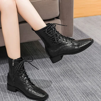Женские короткие ботинки большого размера, осенние Однотонные, с боковой молнией, на высоком каблуке, на шнуровке, с квадратным носком, туфли на толстом каблуке Botas De Mujer