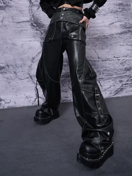 Дизайнерская Оригинальная Нишевая Металлическая отделка для тяжелой промышленности, Кожаные брюки, прямые брюки-карго в стиле панк, Драпированные брюки Y2k Pants