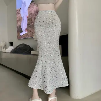 Блестящая Женская Корейская элегантная модная универсальная винтажная повседневная юбка трапециевидной формы с высокой талией и блестками в виде русалки-трубы