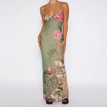 Женское платье с цветочным принтом PASSIONNÉ, длинные платья на подтяжках с V-образным вырезом и открытой спиной, женский элегантный стиль, новинка летней моды 2023 года