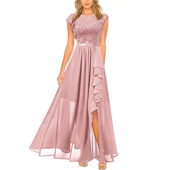 Модное Кружевное платье, Темпераментное Розовое платье с разрезом, Тонкое Арт-длинное платье с высокой талией