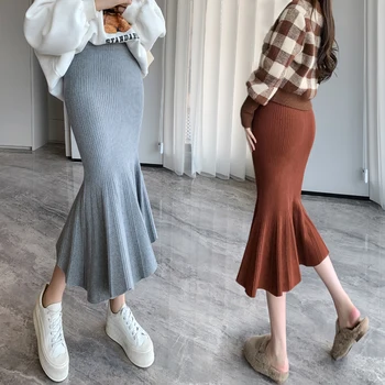 Модные юбки миди с высокой талией для женщин, осень 2023, облегающая юбка-русалка в стиле хип-хоп, женские трикотажные юбки с корейскими оборками
